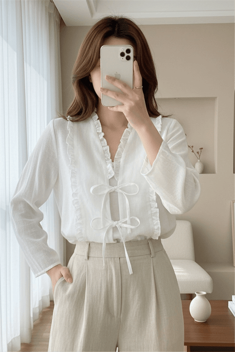 Önü Ve Kolu Fırfırlı Bağlamalı Keten Gömlek -Beyaz-Gömlek-362-4457-R02