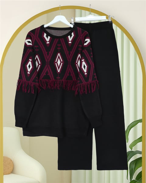 Önü Ve Kolu Saçaklı Piksel Desen Triko Takım -Siyah-Takım-295-1286-R01