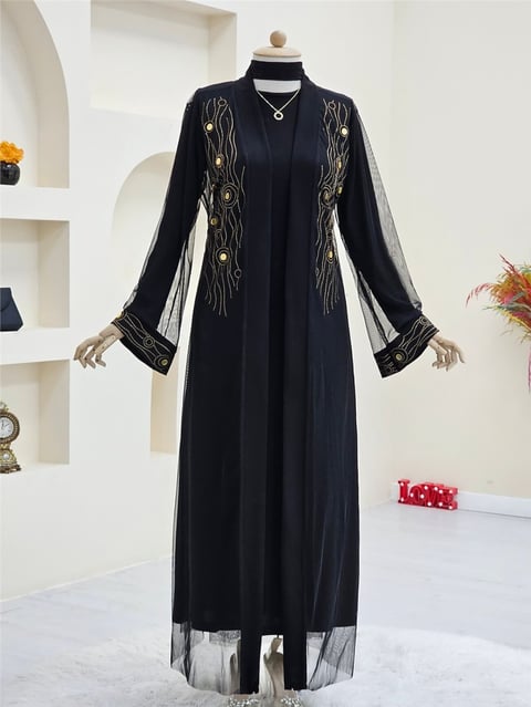 Önü Ve Manşeti Taşlı Abaya  -Bakır-Abaya-118-3248-R48