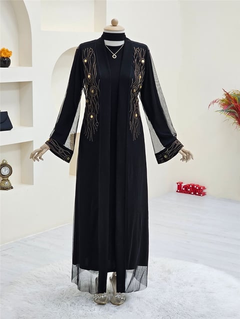 Önü Ve Manşeti Taşlı Abaya  -Bakır-Abaya-118-3248-R48