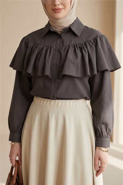 Önü Ve Omuzu Fırfır Detaylı Poplin Gömlek Bluz -K. Kahve-Gömlek-432-25182-R54