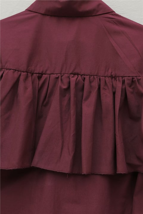 Önü Ve Omuzu Fırfır Detaylı Poplin Gömlek Bluz -Bordo-Gömlek-432-25182-R04