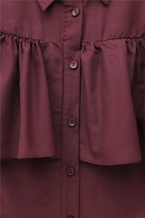 Önü Ve Omuzu Fırfır Detaylı Poplin Gömlek Bluz -Bordo-Gömlek-432-25182-R04