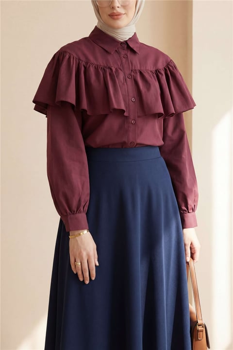 Önü Ve Omuzu Fırfır Detaylı Poplin Gömlek Bluz -Bordo-Gömlek-432-25182-R04