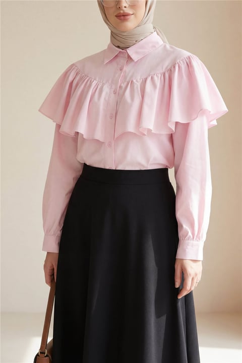 Önü Ve Omuzu Fırfır Detaylı Poplin Gömlek Bluz -Pembe-Gömlek-432-25182-R20