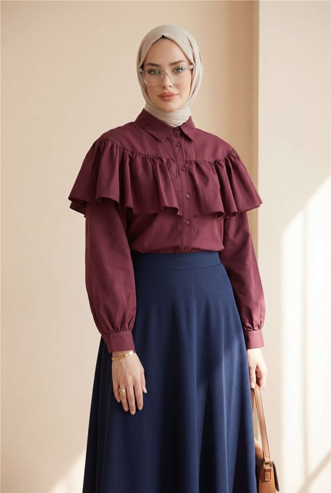 Önü Ve Omuzu Fırfır Detaylı Poplin Gömlek Bluz -Bordo-Gömlek-432-25182-R04