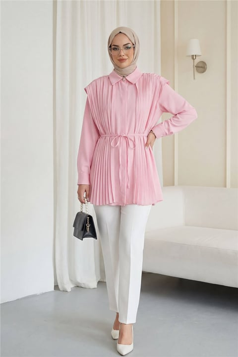 Önü ve Sırtı Pilise Detaylı Gizli Düğmeli Tasarım Gömlek   -Pembe-Tunik-431-261950-R20