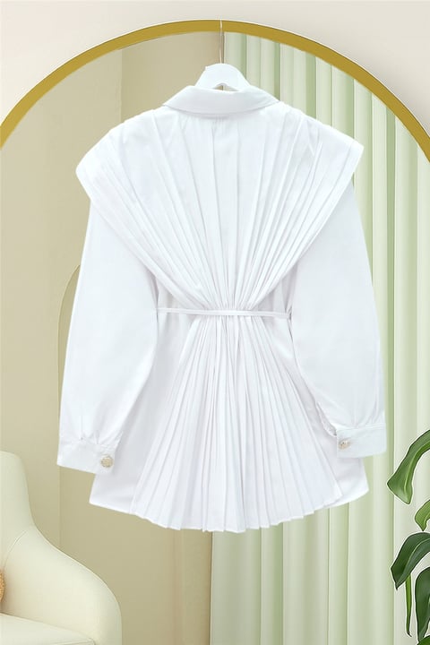 Önü ve Sırtı Pilise Detaylı Gizli Düğmeli Poplin Gömlek -Beyaz-Tunik-431-261950-R02