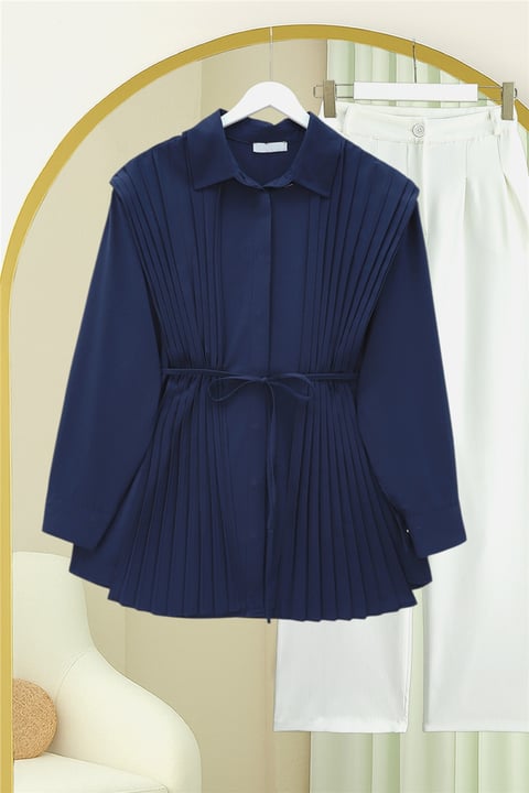 Önü ve Sırtı Pilise Detaylı Gizli Düğmeli Poplin Gömlek -Laci-Tunik-431-261950-R03