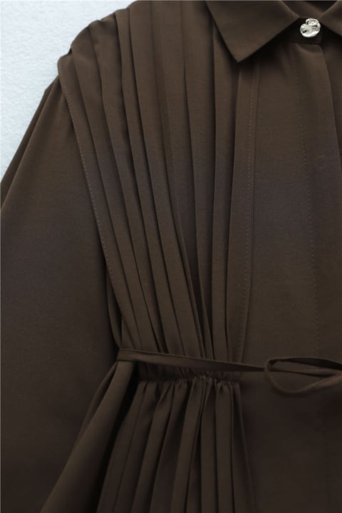 Önü ve Sırtı Pilise Detaylı Gizli Düğmeli Tasarım Gömlek  -Kahve-Tunik-431-261950-R15