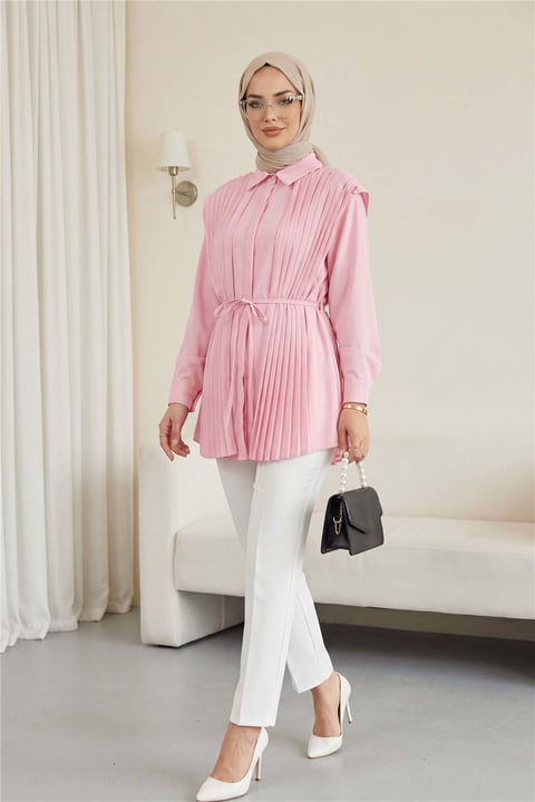 Önü ve Sırtı Pilise Detaylı Gizli Düğmeli Tasarım Gömlek   -Pembe-Tunik-431-261950-R20