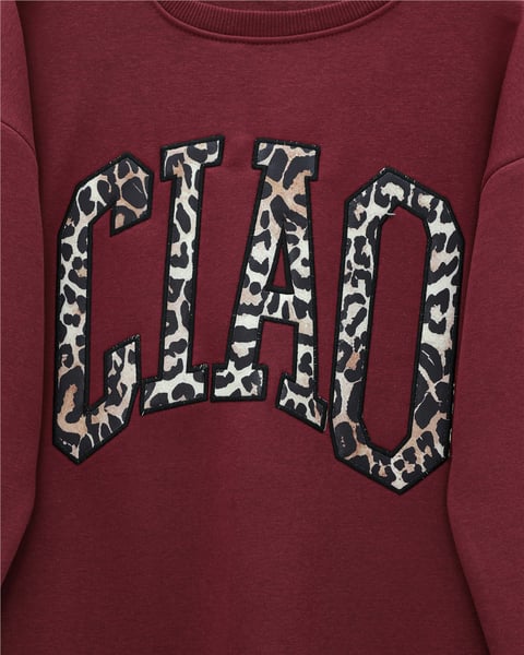 Önü Yazılı Leopar Deseni Detaylı Üç İplik Sweat Takım  -Bordo-Takım-349-5284-R04