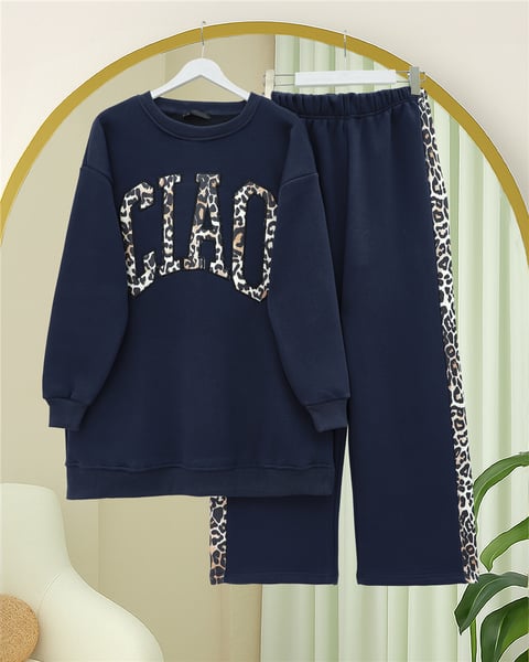 Önü Yazılı Leopar Deseni Detaylı Üç İplik Sweat Takım  -Laci-Takım-349-5284-R03