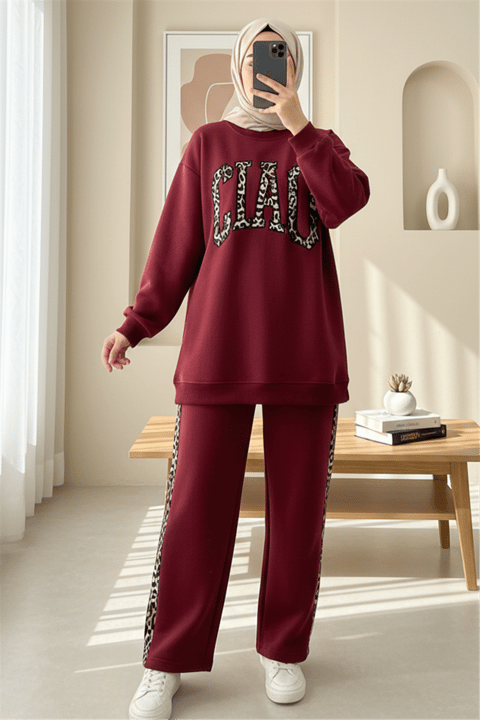 Önü Yazılı Leopar Deseni Detaylı Üç İplik Sweat Takım  -Bordo-Takım-349-5284-R04