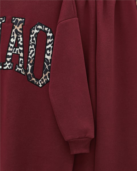 Önü Yazılı Leopar Deseni Detaylı Üç İplik Sweat Takım  -Bordo-Takım-349-5284-R04
