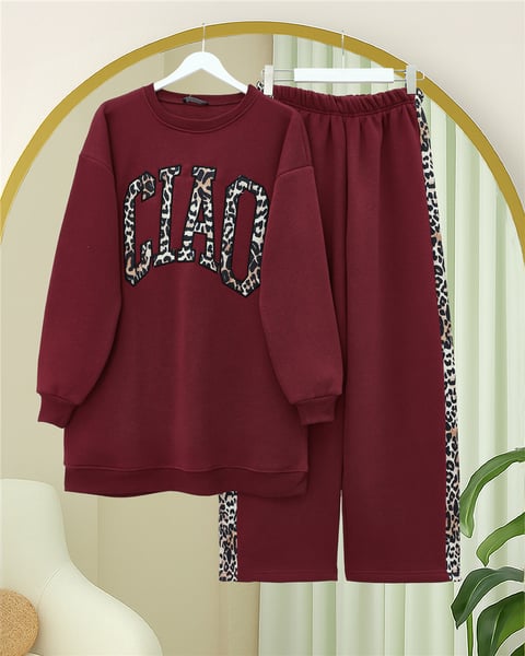 Önü Yazılı Leopar Deseni Detaylı Üç İplik Sweat Takım  -Bordo-Takım-349-5284-R04