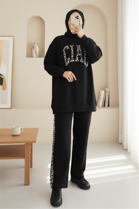 Önü Yazılı Leopar Deseni Detaylı Üç İplik Sweat Takım  -Siyah-Takım-349-5284-R01