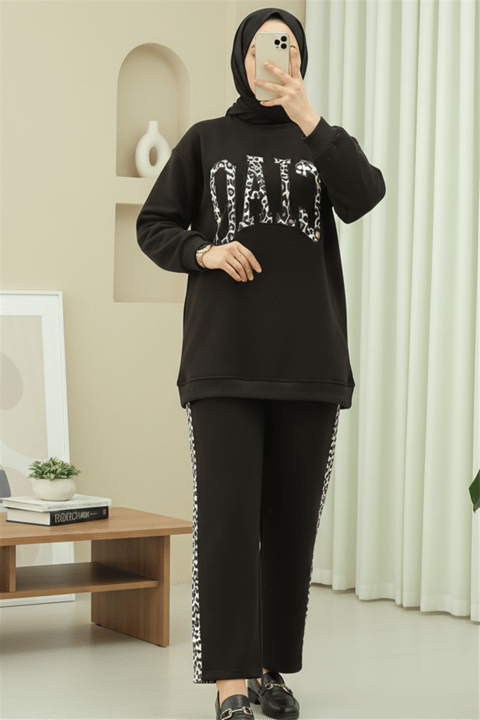 Önü Yazılı Leopar Deseni Detaylı Üç İplik Sweat Takım  -K. Kahve-Takım-349-5284-R54