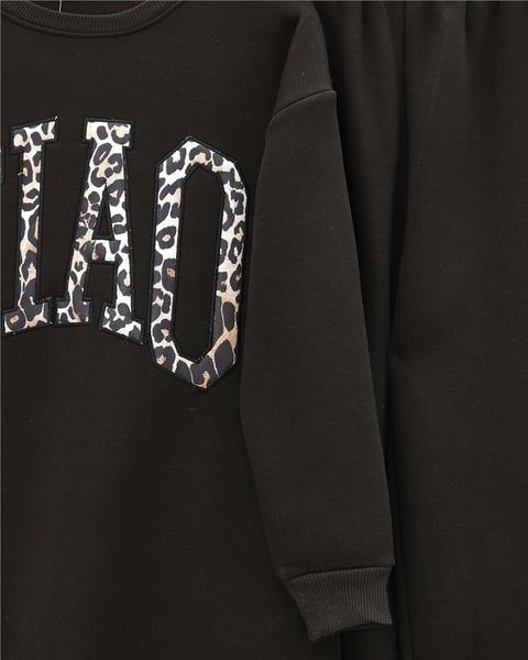 Önü Yazılı Leopar Deseni Detaylı Üç İplik Sweat Takım  -K. Kahve-Takım-349-5284-R54