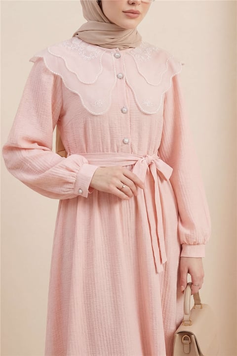 Organze Bebe Yaka Taş Düğmeli Krinkıl Elbise -Somon-Elbise-353-265-R13