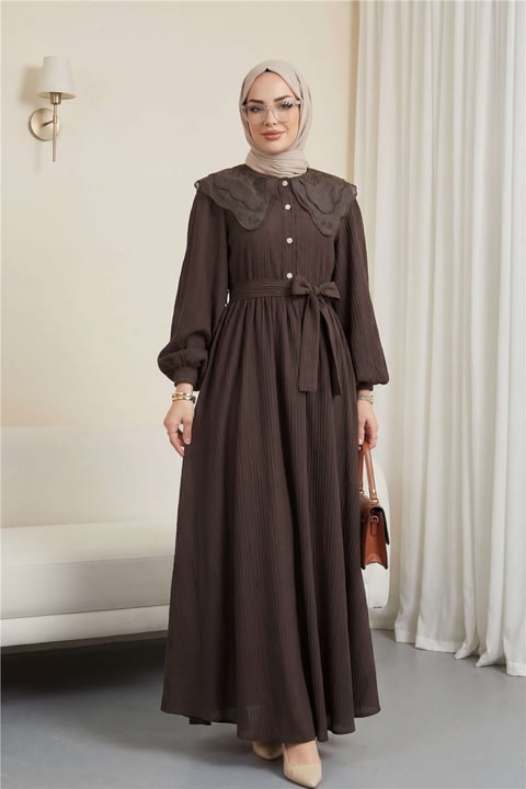 Organze Bebe Yaka Taş Düğmeli Krinkıl Elbise -K. Kahve-Elbise-353-265-R54