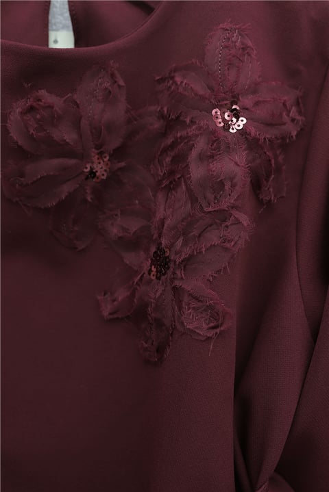 Organze Tül Çiçekli Beli Kemerli İthal Krep Takım  -Bordo-Takım-349-8054-R04