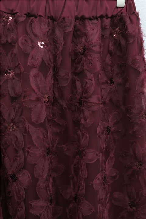 Organze Tül Çiçekli Beli Kemerli İthal Krep Takım  -Bordo-Takım-349-8054-R04