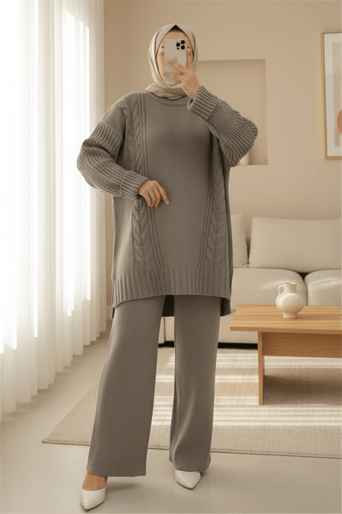 Örgü Desenli Arkası Uzun Triko Takım -Toprak-Takım-295-4521-R55