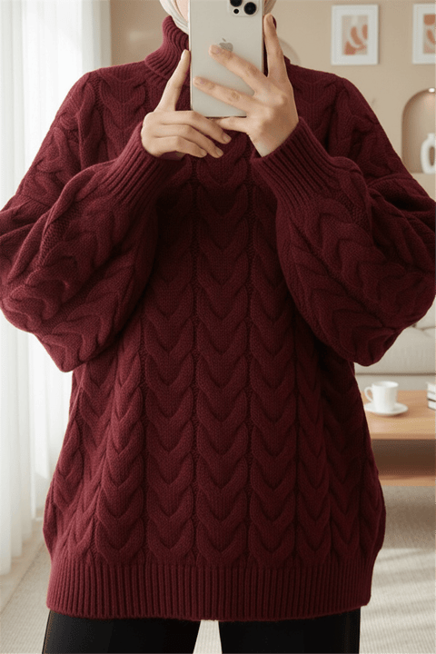 Örgü Desenli Boğazlı Triko Kazak  -Bordo-Kazak-109-0932-R04