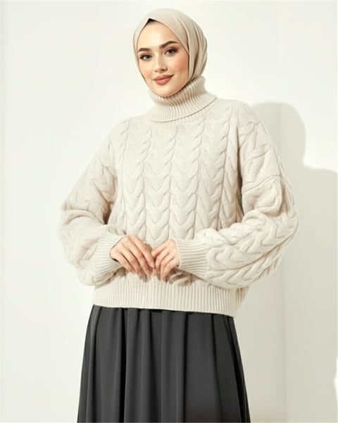 Örgü Desenli Boğazlı Triko Kazak  -Ekru-Kazak-109-0932-R07