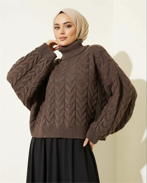 Örgü Desenli Boğazlı Triko Kazak  -Kahve-Kazak-109-0932-R15