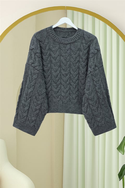 Örgü Desenli Salaş Krop Triko Kazak  -Füme-Kazak-109-0975-R18