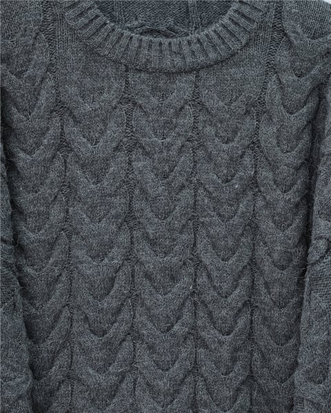 Örgü Desenli Salaş Krop Triko Kazak  -Füme-Kazak-109-0975-R18