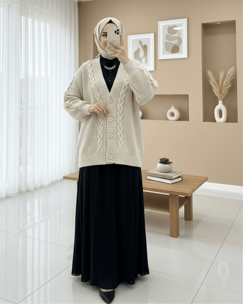 Örgü Zincir Detaylı Kışlık Hırka  -Taş-Triko Hırka-357-5125-R43
