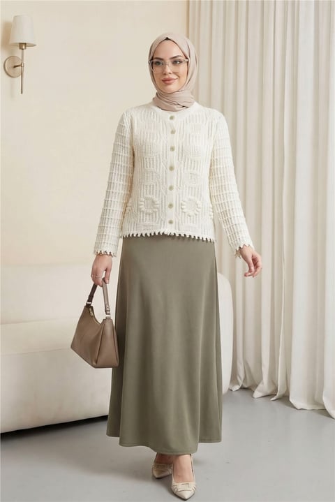 Oval Desen Ajurlu Düğmeli Triko Hırka -Ekru-Hırka-109-1206-R07