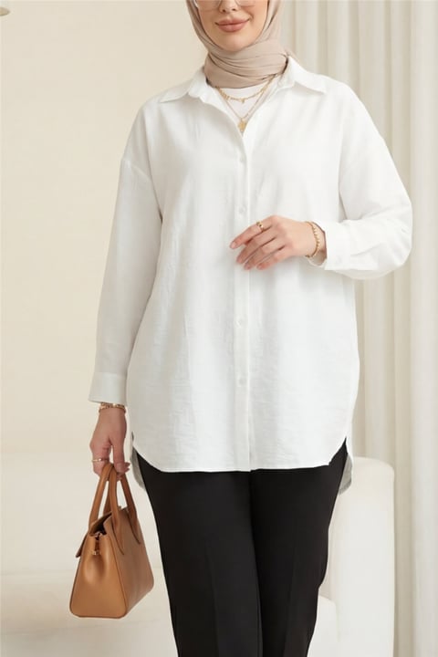 Oval Kesim Düğmeli Gömlek -Beyaz-Gömlek-357-2133-R02