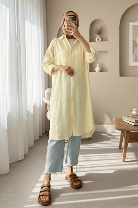 Oval Kesim Karaş Uzun Salaş Tunik -Açık Sarı-Tunik-307-613129-R75