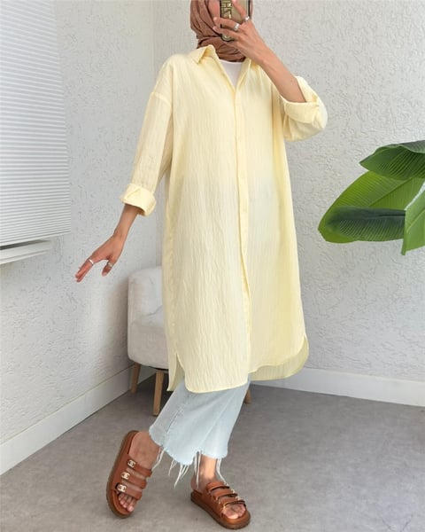 Oval Kesim Karaş Uzun Salaş Tunik -Açık Sarı-Tunik-307-613129-R75