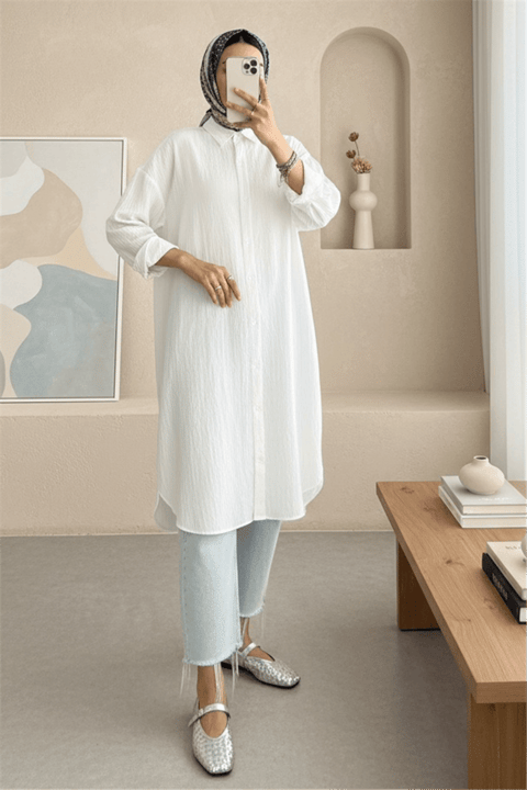 Oval Kesim Karaş Uzun Salaş Tunik -Beyaz-Tunik-307-613129-R02