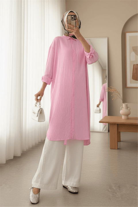 Oval Kesim Karaş Uzun Salaş Tunik -Pembe-Tunik-307-613129-R20
