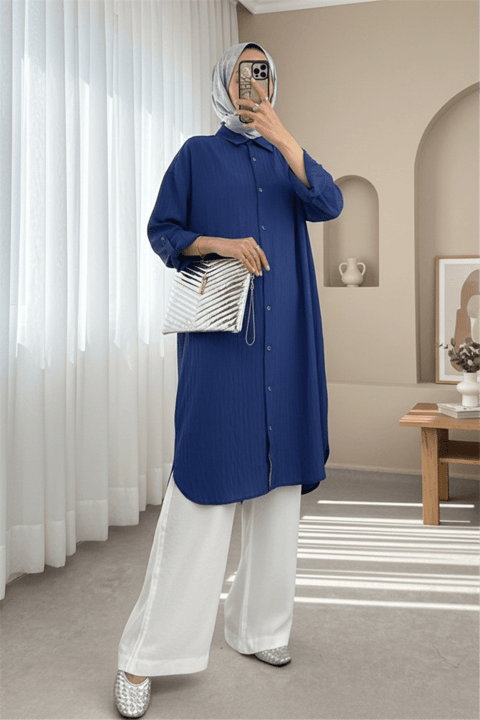 Oval Kesim Kraş Uzun Salaş Tunik -İndigo-Tunik-307-613129-R21