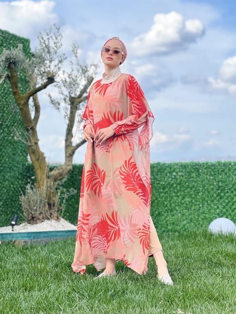Palmiye Desenli Pareo Haşema Takım -Vizon