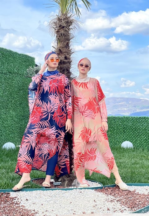 Palmiye Desenli Pareo Haşema Takım -Vizon