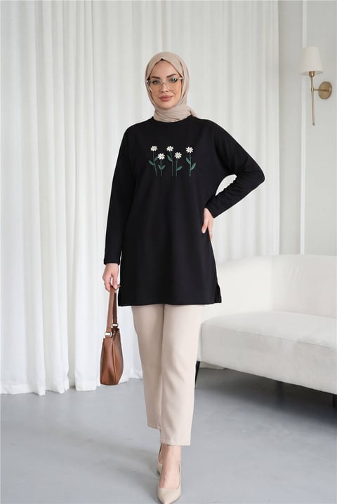 Papatya Nakışlı Yuvarlak Yaka Penye Tunik -Siyah-Tunik-253-13148-R01