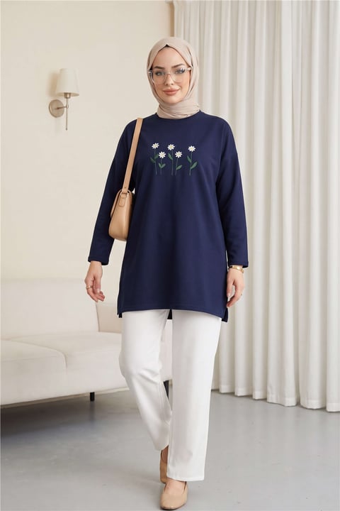 Papatya Nakışlı Yuvarlak Yaka Penye Tunik -Lacivert-Tunik-253-13148-R03