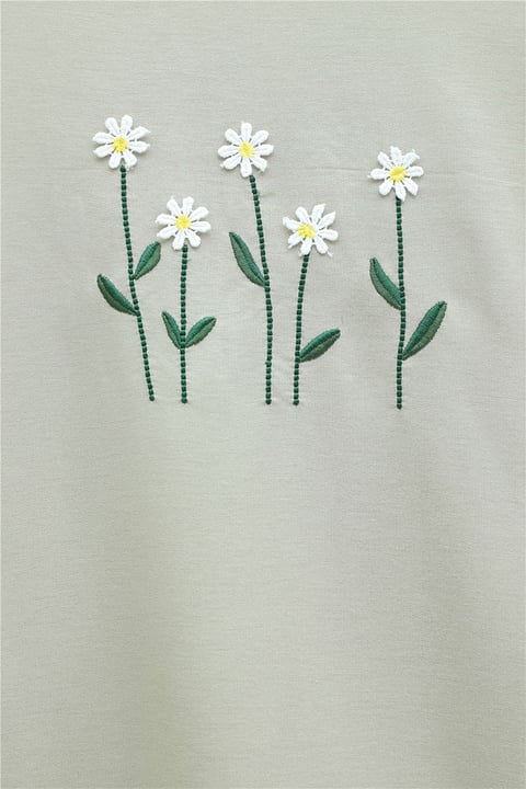 Papatya Nakışlı Yuvarlak Yaka Penye Tunik -Taş-Tunik-253-13148-R43