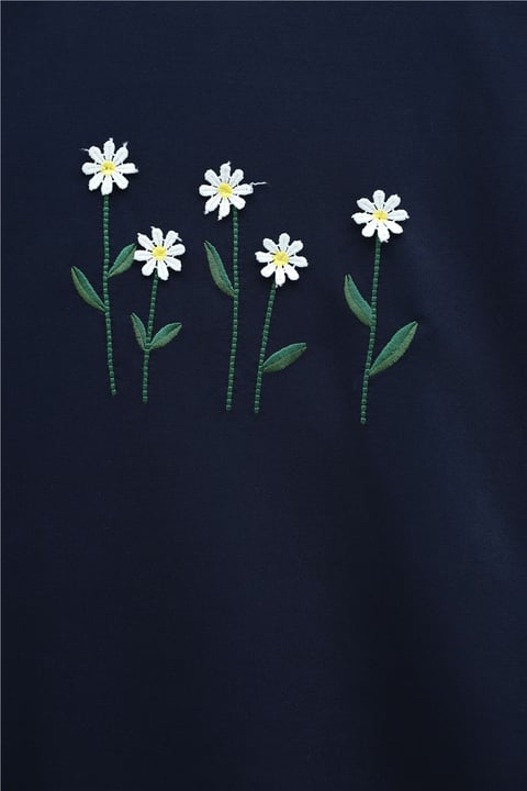 Papatya Nakışlı Yuvarlak Yaka Penye Tunik -Lacivert-Tunik-253-13148-R03