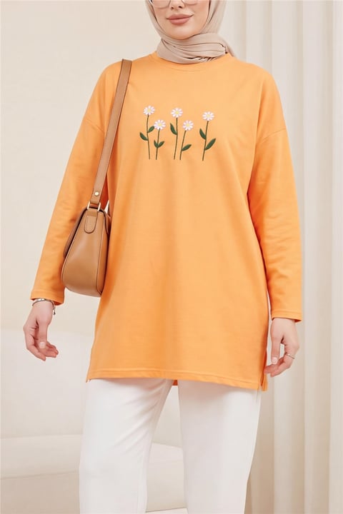 Papatya Nakışlı Yuvarlak Yaka Penye Tunik -Turuncu-Tunik-253-13148-R16