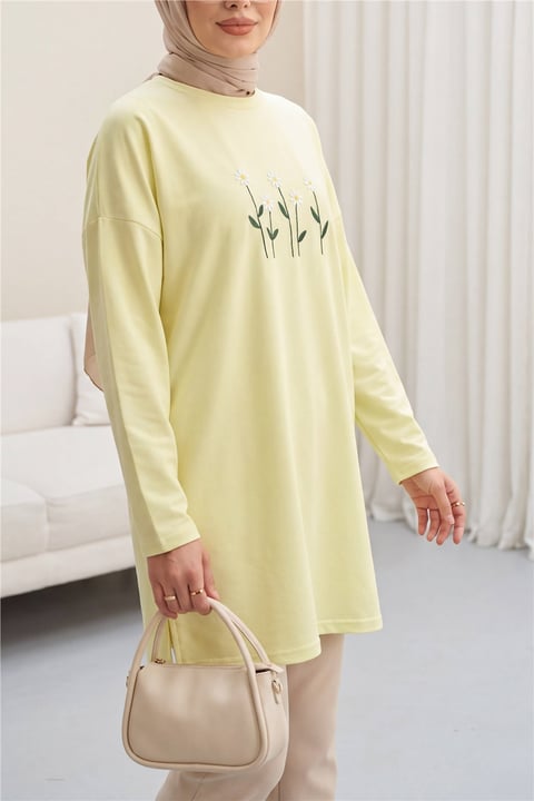 Papatya Nakışlı Yuvarlak Yaka Penye Tunik -Açık Sarı-Tunik-253-13148-R75