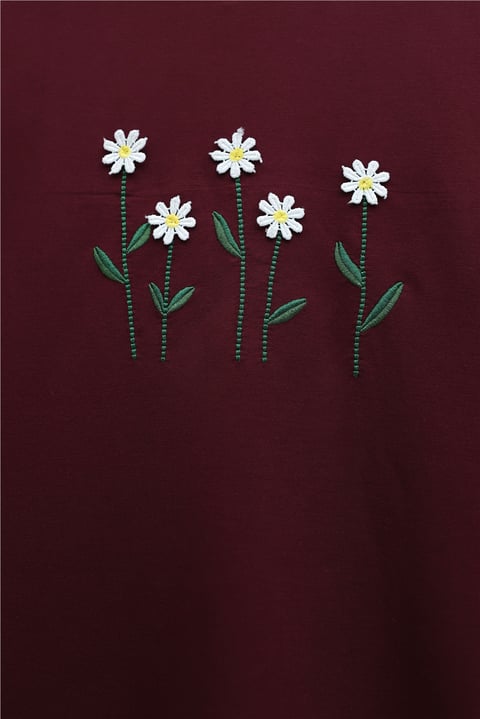 Papatya Nakışlı Yuvarlak Yaka Penye Tunik -Bordo-Tunik-253-13148-R04